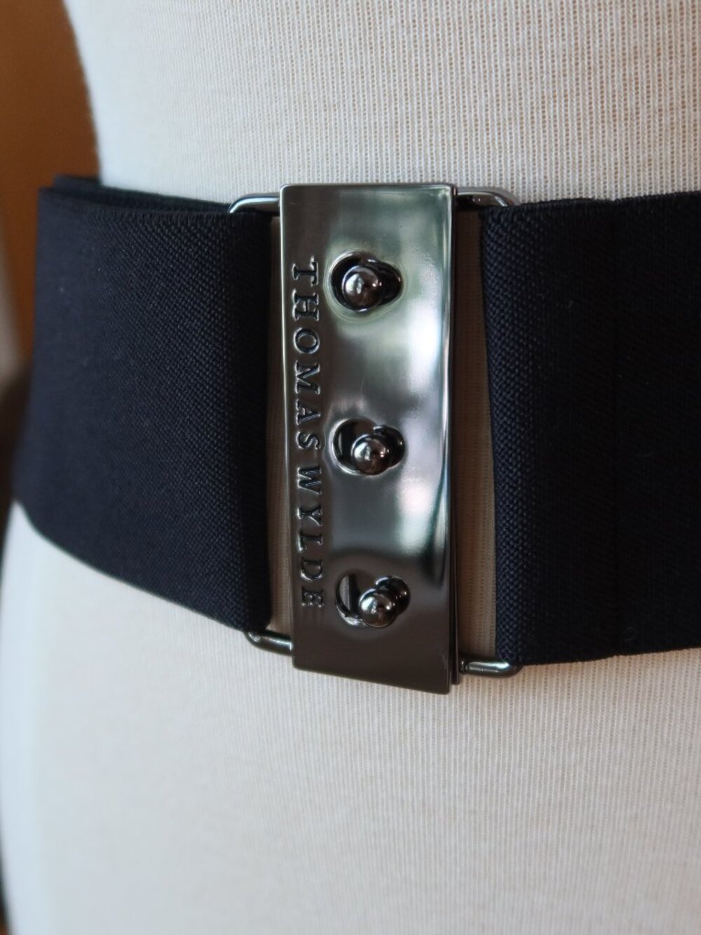 Thomas Wylde wide belt black elastic and gunmetal buckle stamped adjustable Y2K